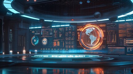 Poster - Futuristic business presentation featuring glowing digital graphs, real-time KPI metrics, and animated infographics representing global market statistics.