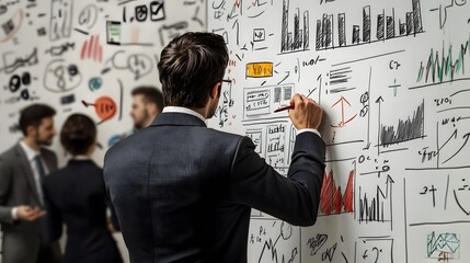 Poster - Businessman Drawing Charts Graphs And Diagrams On Whiteboard