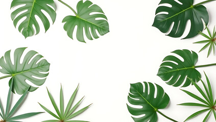 Aufkleber - Monstera leaves arranged on a white background convey tropical and botanical elements in a flat lay composition._00002_