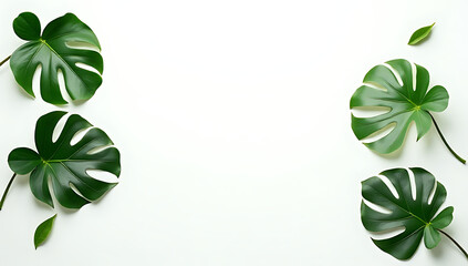 Aufkleber - Monstera leaves arranged on a white background convey tropical and botanical elements in a flat lay composition._00001_