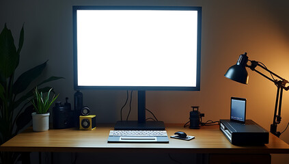 Poster - Modern workspace setup includes a worktable with a cinema light box and various accessories for business and creative pursuits._00001_