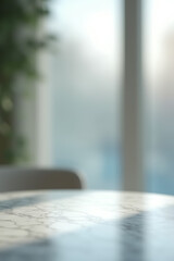 Poster - Marble tabletop with blurred abstract window reflections in the distance on a frosted glass background._00002_