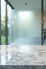 Poster - Marble tabletop with blurred abstract window reflections in the distance on a frosted glass background._00001_