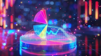 Poster - Interactive holographic business growth analysis with colorful pie charts, financial trends, and numerical projections floating in an augmented reality space.