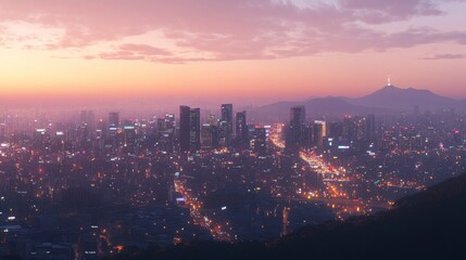 Wall Mural - Panoramic View of a Vibrant City Skyline at Dusk with Glowing Lights, Mountains, and Clouds Creating a Serene and Beautiful Atmosphere