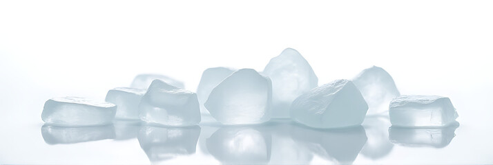 Poster - Ice rocks are arranged on a clean white background to capture their textures and transparency in a minimalist composition._00002_