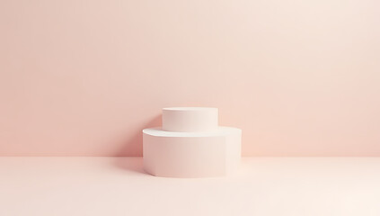 Poster - Geometric pedestal podium product display with a long shadow stands for creative packaging placement ideas on a soft pastel background._00002_