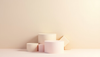 Poster - Geometric pedestal podium product display with a long shadow stands for creative packaging placement ideas on a soft pastel background._00001_
