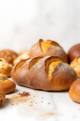 Poster - Freshly baked bread and a variety of pastries are arranged in a neat display on a clean white background with health food concepts nearby._00002_