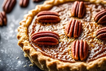 Sticker - A close-up of a pecan pie topped with whole pecans, showcasing its rich, glossy filling.