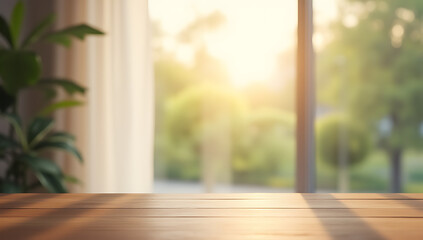 Poster - Fresh morning light filters through a blur of curtain behind a wooden table, situated near a large glass window and an empty copy space._00002_