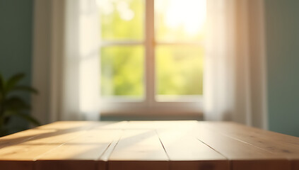 Poster - Fresh morning light filters through a blur of curtain behind a wooden table, situated near a large glass window and an empty copy space._00001_