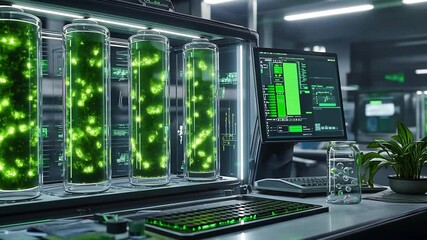 Poster - Advanced biocomputer laboratory displaying bioreactors and high-tech monitoring systems
