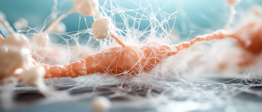 An organic, nerve-like structure is rendered in delicate detail, surrounded by a network of ethereal threads, capturing the marvel of biological intricacy.