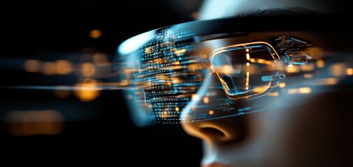 Poster - Big data personalization segmentation concept. A close-up of a person wearing futuristic glasses, displaying digital data and lights, symbolizing advanced technology and augmented reality.
