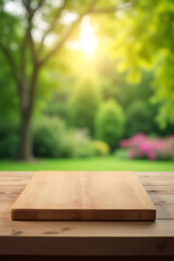 Poster - End grain wood countertop with cutting board on a blurred green tree and garden backdrop in a morning light setting._00002_