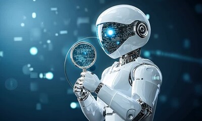 Poster - A humanoid robot inspects data with a magnifying glass, highlighting advanced technology in a captivating, futuristic setting