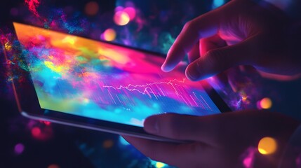Poster - Hands Using Tablet Displaying Vibrant Stock Market Graph