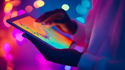 Poster - Hands Holding Tablet Displaying Colorful Stock Market Graph