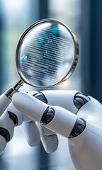 Poster - A robotic hand examines digital data with a magnifying glass, highlighting innovation and precision in a tech-savvy environment