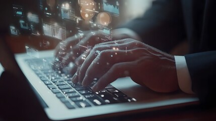 Poster - Hands Typing on Laptop with Data Visualization Overlay