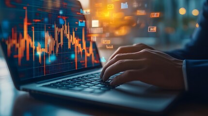 Poster - Businessman Analyzing Financial Data On Laptop Screen