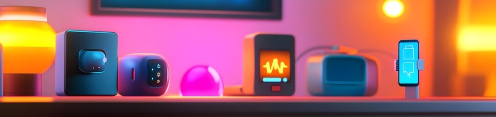 Poster - A collection of modern gadgets and devices on a shelf, illuminated by soft lighting.