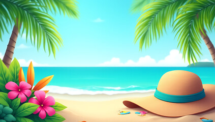 Poster - Colorful tropical summer holiday concept features a hat decorated beach scene with an abstract style and copy space for text._00002_