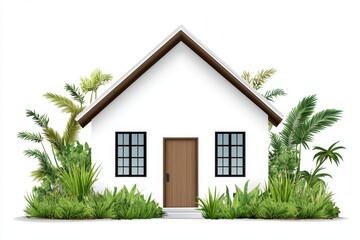 Aufkleber - A flat 2D depiction of a traditional ethnic house surrounded by vibrant natural elements, isolated on a clean white background