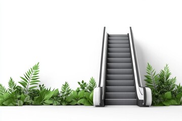 Aufkleber - A flat 2D depiction of an outdoor escalator surrounded by greenery, symbolizing eco-friendly design, set on a white canvas