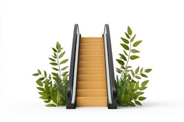 Aufkleber - A flat 2D depiction of an outdoor escalator surrounded by greenery, symbolizing eco-friendly design, set on a white canvas