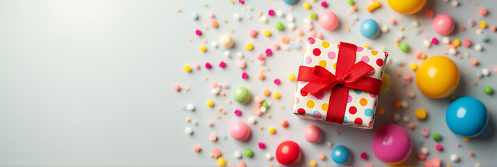 Aufkleber - Colorful flat lay design featuring a gift box in a dot pattern on a party background with celebratory elements._00002_