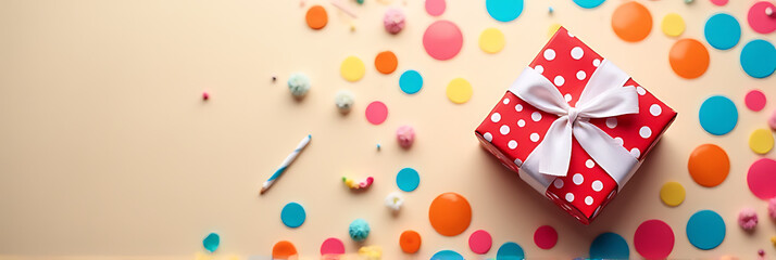 Aufkleber - Colorful flat lay design featuring a gift box in a dot pattern on a party background with celebratory elements._00001_