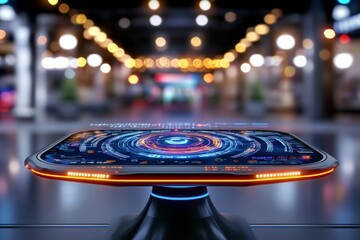 Aufkleber - A futuristic dashboard displaying holographic data for evaluation, with glowing charts, a virtual assistant, and a sleek high-tech interface
