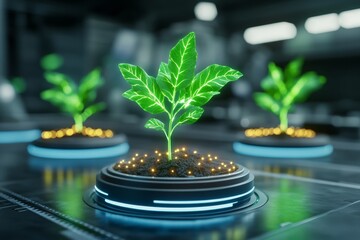 Poster - A futuristic visualization of eucalyptus being used in biotechnological advancements, with glowing leaves and a high-tech lab setting