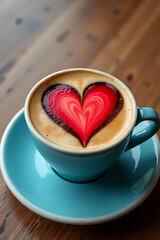Poster - Coffee connoisseurs enjoy creative designs featuring a red heart shape within a blue cup, adding an artistic touch to their morning routine._00002_