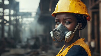 A woman adorned in a vibrant yellow helmet and protective gas mask stands confidently in a hazardous work environment.