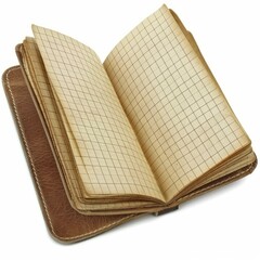 Poster - Open vintage notebook with blank grid paper and leather cover isolated on white background, providing copy space for design