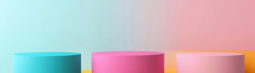 Poster - A minimalist design featuring three cylindrical shapes in pastel colors against a soft gradient background.