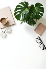 Aufkleber - Business desk setup features a monstera leaf plant surrounded by mock accessories on a simple white flat lay background._00001_