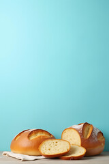 Aufkleber - Bread and bakery set against a calming blue background conveys fresh food and healthy living ideas through its simple visuals._00001_