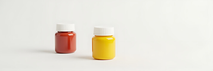 Poster - Bottles containing ketchup and mustard sit next to each other on a clean, empty white surface._00002_
