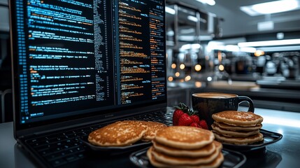 Poster - Laptop displaying code with pancakes and coffee.