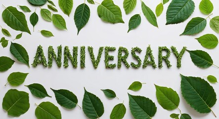 Wall Mural - anniversary lettering made of green leaves nature concept on plain white background