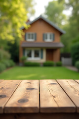 Aufkleber - An empty wooden table top in a blurred abstract garden scene behind a cozy house is partially selective focus._00001_