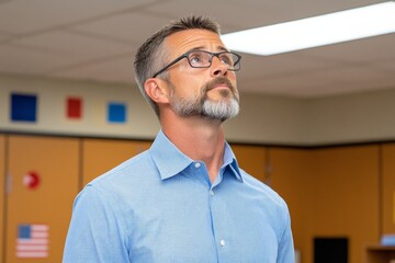 Poster - A school principal evaluating a teacher lesson in progress, taking notes at the back of a bright and lively classroom