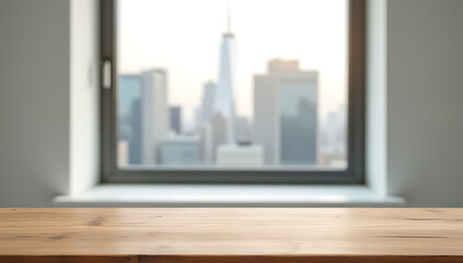 Poster - A wooden tabletop is placed in front of a blurred cityscape through a window, against a neutral wall background._00002_