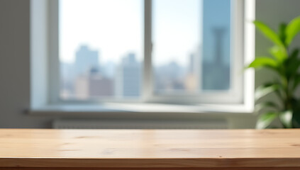 Poster - A wooden tabletop is placed in front of a blurred cityscape through a window, against a neutral wall background._00001_