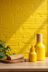 Aufkleber - A wooden table with a yellow brick wall provides an ideal background for creating product displays and key visuals._00002_