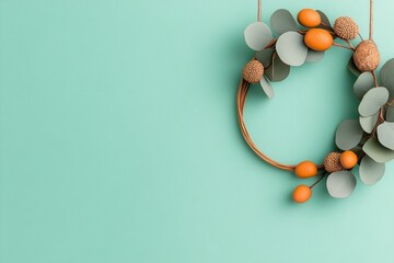 Poster - A simple wreath made of eucalyptus leaves, illustrated in muted green tones